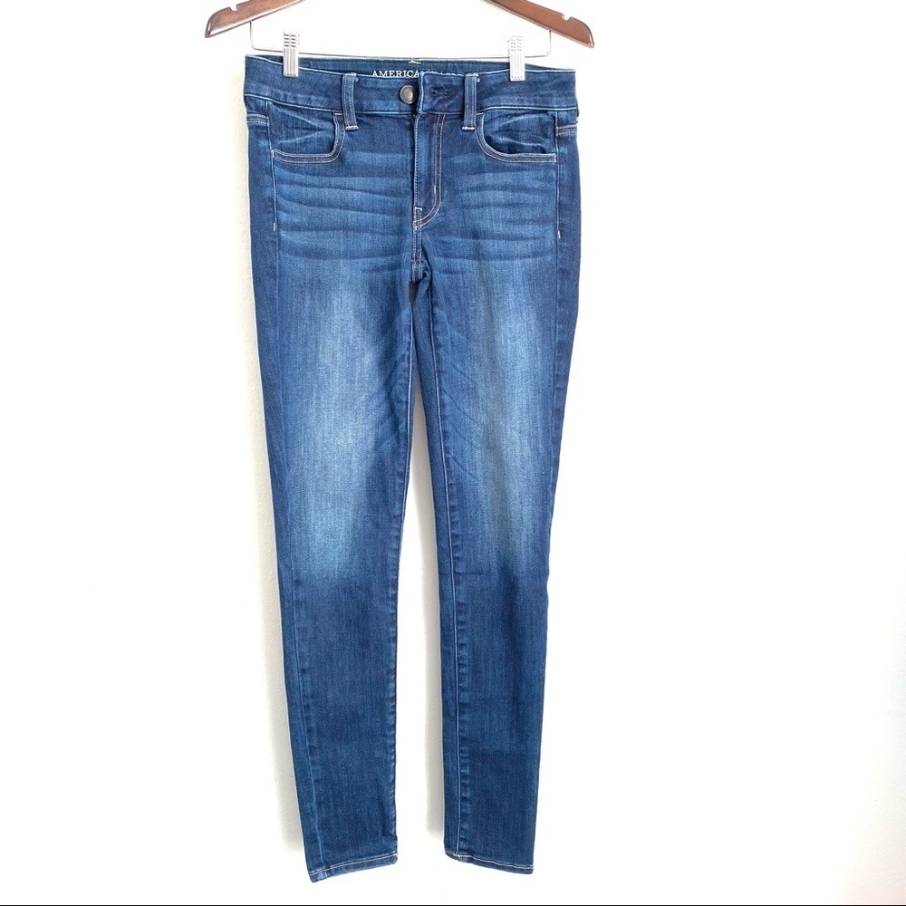 AMERICAN EAGLE Womens 4 Long Dark Wash Mid-Rise Super Stretch Jegging Jeans O6